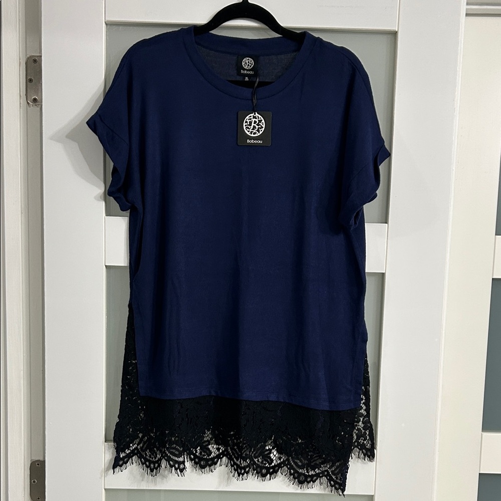 Bobeau Navy Blue Short Sleeve Top with Lace Hem